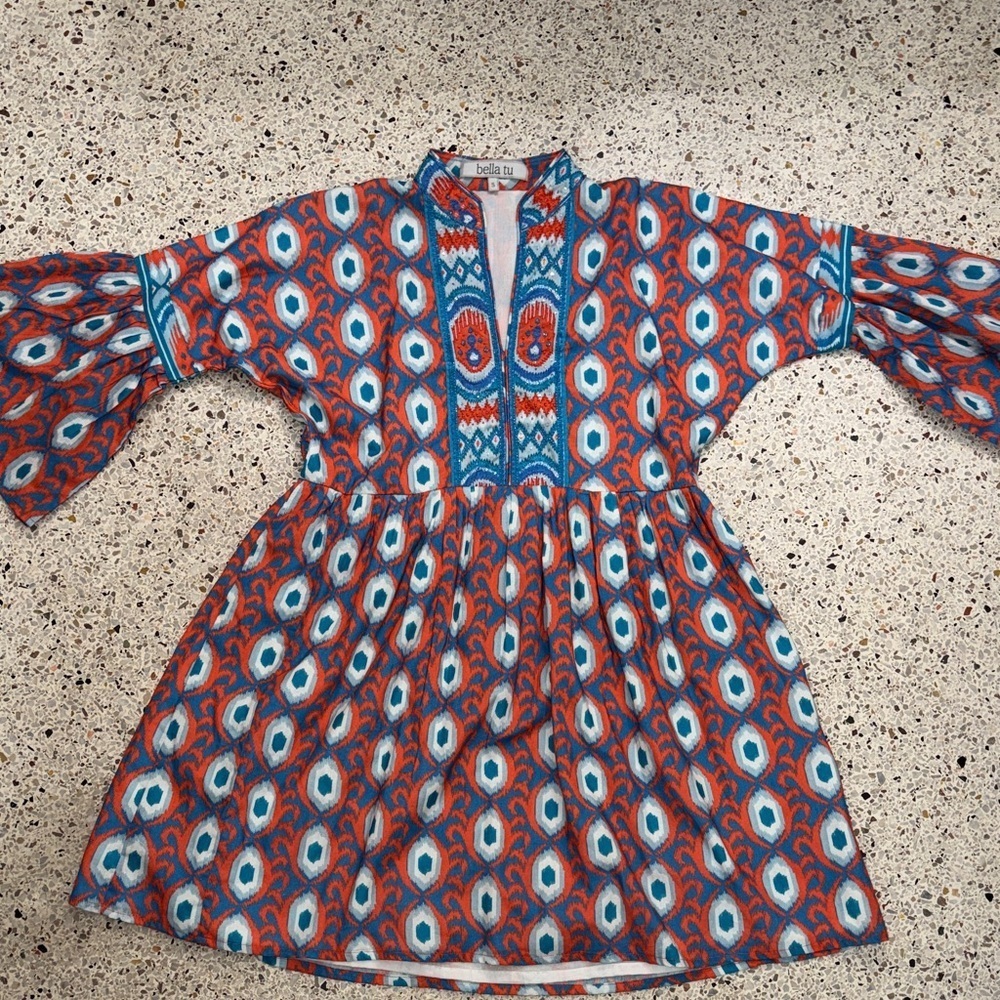 Bella Tu ikat beaded red blue mini dress tunic small s 100% cotton